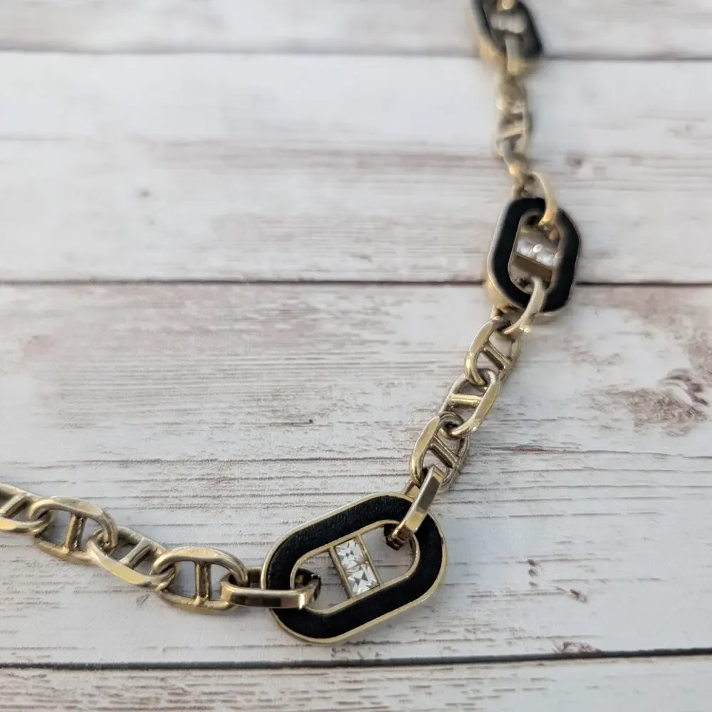 Ann Taylor Necklace Black, Gold Tone, Rhinestone Chunky Long Statement